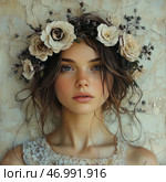 A young girl with a piercing, natural look. Her face is decorated with freckles, and her lips are slightly parted, creating an impression of tenderness and innocence. Her hair is slightly disheveled and framed with a wreath of dried cream roses and twigs, which emphasizes the natural beauty and harmony with nature. The background is textured, reminiscent of old plaster, which adds artistic depth to the image. The girl is dressed in a light lace dress, enhancing the feeling of airiness and romance. The color scheme is pastel, filled with warm, beige and golden shades. Стоковое AI-изображение, AI-художник Анна Кривицкая / Фотобанк Лори