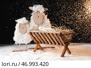 Игрушечное овечка и деревянный ясли с манекеном младенца на снегу на черном фоне. Концепция рождественской истории. Стоковое фото, фотограф Pixel_shot / Фотобанк Лори