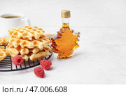 Сетка вкусных вафель с малиной и кленовым сиропом на белом фоне. Стоковое фото, фотограф Pixel_shot / Фотобанк Лори