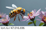 Bee pollinates pink flowers in a spring garden during a sunny day. Стоковое AI-изображение, AI-художник Сергей Толмачёв / Фотобанк Лори