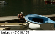 Summer pier with people walking along the boats. Стоковое фото, фотограф David Kashakhi / Фотобанк Лори