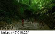 Woman walking in beautiful dense forest and a wide path. Стоковое фото, фотограф David Kashakhi / Фотобанк Лори