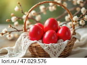 Красные пасхальные яйца в корзине с белой салфеткой и веточками. Стоковое AI-изображение, AI-художник Валерий Лукин / Фотобанк Лори