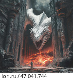 An epic scene in which a huge snow-white dragon with a terrifying mouth and sharp, blade-like teeth looms over a man. The dragon looks menacing and incredibly detailed, with frozen fury in its eyes. It is located in a gloomy ruin, surrounded by hot lava, a flaming underground river and clouds of smoke. The lone man standing in front of the dragon seems tiny against the background of this gigantic creature. The atmosphere of the scene is filled with tension, grandeur and danger. Стоковое AI-изображение, AI-художник Анна Кривицкая / Фотобанк Лори