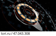 Equalizer with pulsation bass in center and bright neon geometric patterns around it. Стоковая иллюстрация, иллюстратор David Kashakhi / Фотобанк Лори