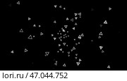 Abstract background of numerous white triangles floating chaotically on a black. Стоковая иллюстрация, иллюстратор David Kashakhi / Фотобанк Лори