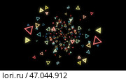 Abstract background of numerous multicolored neon triangles floating on a black. Стоковая иллюстрация, иллюстратор David Kashakhi / Фотобанк Лори