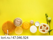 Баночки с сахарным скрабом на цветном фоне. Стоковое фото, фотограф Pixel_shot / Фотобанк Лори