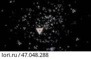 Abstract background of numerous white triangles floating chaotically on a black. Стоковая иллюстрация, иллюстратор David Kashakhi / Фотобанк Лори