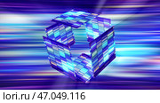 Futuristic glowing cube decomposing into pieces in cyberspace. Стоковая иллюстрация, иллюстратор David Kashakhi / Фотобанк Лори