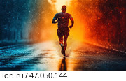 A runner running forward on a wet road in the rain. The contrasting color scheme divides the scene into two parts: on the left, cold blue tones dominate, creating the effect of rain and coolness, and on the right, warm orange-red tones, reminiscent of fire or sunset.The man is depicted from the back, in a dynamic pose, his legs kicking up splashes of water, adding a sense of movement and energy. This visual effect emphasizes struggle, striving and overcoming obstacles.The composition carries symbolism: the struggle of cold and hot, difficulties and achievements, moving forward despite the circumstances. This can be a metaphor for perseverance, fortitude and victory over oneself. Стоковое AI-изображение, AI-художник Анна Кривицкая / Фотобанк Лори