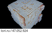 3D cube with bulging squares rotates on black background. Стоковая иллюстрация, иллюстратор David Kashakhi / Фотобанк Лори