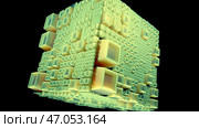 3D cube with bulging squares rotates on black background. Стоковая иллюстрация, иллюстратор David Kashakhi / Фотобанк Лори