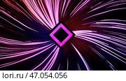 Abstract colorful neon rhombus surrounded by rotating bended narrow lines on a black background, seamless loop. Стоковая иллюстрация, иллюстратор David Kashakhi / Фотобанк Лори