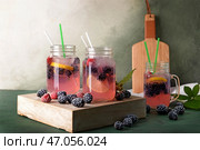Мейсон баночки вкусного ежевики лимонад на столе. Стоковое фото, фотограф Pixel_shot / Фотобанк Лори