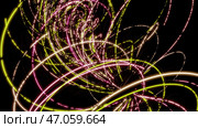 Various bright multicolored lines create various patterns and drawings with swirling circles on a dark background. Стоковая иллюстрация, иллюстратор David Kashakhi / Фотобанк Лори