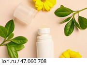 Дезодорант с цветами и ветками на бежевом фоне. Стоковое фото, фотограф Pixel_shot / Фотобанк Лори