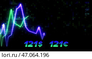 The jumping dollar and euro exchange rate is shown by bright neon lines on the graph in abstraction. Стоковая иллюстрация, иллюстратор David Kashakhi / Фотобанк Лори