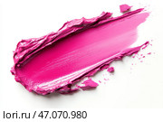 Glossy liquid lipstick smear smudge swatch isolated on white background. Cream makeup texture. Bright red color cosmetic product brush stroke swipe. Smudged red lip gloss. Makeup beauty sample cut out. Стоковое AI-изображение, AI-художник Марина Демидюк / Фотобанк Лори