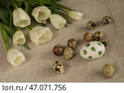 Яйца куриные и перепелиные пасхальные с букетом белых тюльпанов, концепция Светлой Пасхи. Стоковое фото, фотограф Оксана Шведкова / Фотобанк Лори