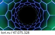 Sci Fi glowing neon lights, hexagon tunnel, futuristic corridor. Стоковая иллюстрация, иллюстратор David Kashakhi / Фотобанк Лори