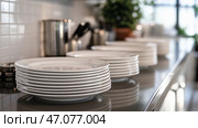 Clean white plates neatly arranged on a kitchen counter in a modern home. Чистые белые тарелки, аккуратно расставленные на кухонном столе в современном доме. Стоковое AI-изображение, AI-художник Katsiaryna Repich / Фотобанк Лори