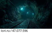 Underground mining tunnel featuring tracks and artificial lighting. В темном подземном шахтном туннеле видны деревянные рельсы, уходящие вдаль, освещенные синими огнями. Стоковое AI-изображение, AI-художник Katsiaryna Repich / Фотобанк Лори