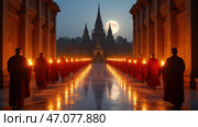 Group of monks walk down a long hallway lit by candles. Стоковое AI-изображение, AI-художник Sergey Grishin / Фотобанк Лори