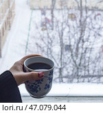 Im enjoying a Cozy Winter Moment, sitting by the window with a warm drink and its aroma. Стоковое фото, фотограф David Kashakhi / Фотобанк Лори
