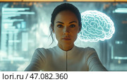 A young woman in a futuristic setting reminiscent of a laboratory or research center. She is dressed in a minimalist white suit, symbolizing high technology and scientific progress. Behind her, a holographic image of a human brain glows, indicating research in the field of neurotechnology, artificial intelligence or cybernetics. The atmosphere of the scene is emphasized by subdued lighting and modern digital displays, creating a sense of advanced developments in the future. Стоковое AI-изображение, AI-художник Анна Кривицкая / Фотобанк Лори
