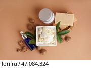 Композиция с миской масла ши, орехами и косметическими продуктами на цветном фоне. Стоковое фото, фотограф Pixel_shot / Фотобанк Лори