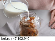 Женщина наливает молоко в масонную банку с кофейными кубиками льда на столе, крупным планом. Стоковое фото, фотограф Pixel_shot / Фотобанк Лори