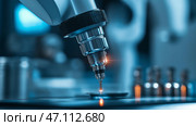 Robotic arm executes precise operation in advanced technological lab environment. Роботизированная рука деликатно выполняет сложную задачу в сложной лаборатории, с точностью фокусируясь на замысловатых деталях. Сюжет демонстрирует передовые технологии в работе. Стоковое AI-изображение, AI-художник Katsiaryna Repich / Фотобанк Лори
