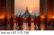 Group of monks are walking in a courtyard with a sunset in the background. Стоковое AI-изображение, AI-художник Sergey Grishin / Фотобанк Лори