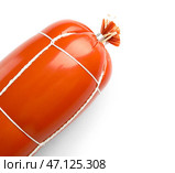 Вкусная вареная колбаса на белом фоне, крупным планом. Стоковое фото, фотограф Pixel_shot / Фотобанк Лори