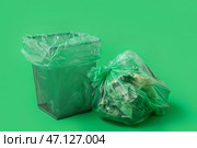 Очистить корзину и полный мусорный мешок на зеленом фоне. Стоковое фото, фотограф Pixel_shot / Фотобанк Лори