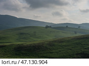 Весенний пейзаж на закате с облаками, холмами и лугом. Горный массив Златибор, Сербия. (2018 год). Стоковое фото, фотограф Дымов Игорь / Фотобанк Лори