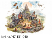 An atmosphere of coziness, adventure and harmony with nature. Three wanderers gathered around a campfire in the picturesque mountains. One of them plays a guitar, the second plays a string instrument, and the third listens attentively, holding a scroll or a book in his hands. Around them is lively nature: birds are everywhere, which seem to also enjoy the music. In the center of the scene is a burning fire, creating a feeling of warmth and coziness. The background mountains, bright sun and soft clouds emphasize the fairytale nature of the moment. Стоковое AI-изображение, AI-художник Анна Кривицкая / Фотобанк Лори