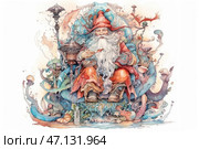 An artistic watercolor illustration of a wise wizard sitting on a throne, surrounded by mystical details and elements of a fantasy world. He has a long white beard, a good-natured expression, and a red pointed hat on his head. His robe is a combination of red, orange, and gold, giving him a majestic appearance. He holds a pipe in one hand, and around him are strange plants, mushrooms, magical artifacts, and swirling organic forms, creating an atmosphere of magic. The background resembles a fairytale dimension, where nature and magic intertwine into one. Стоковое AI-изображение, AI-художник Анна Кривицкая / Фотобанк Лори