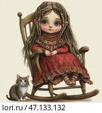 A little girl with big expressive eyes, sitting in a wooden rocking chair. She has long, braided hair, decorated with small flowers or beads. She is dressed in a traditional red dress with patterns and a warm scarf, creating a feeling of coziness and warmth. Her legs in striped socks swing slightly. Next to her sits a small fluffy cat with a surprised expression on its face. The illustration is made in a fairy-tale style with detailed drawing, conveying an atmosphere of coziness and kindness. Стоковое AI-изображение, AI-художник Анна Кривицкая / Фотобанк Лори