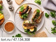 Тарелка вкусных бутербродов с консервированными копчеными шпротами на белом мраморном фоне. Стоковое фото, фотограф Pixel_shot / Фотобанк Лори