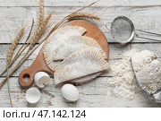 Доска с сырыми чебуреками, колосками, яйцами, мукой и ситом на белом фоне. Стоковое фото, фотограф Pixel_shot / Фотобанк Лори