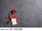 Роза цветок с тегом на сером фоне. Празднование Дня святого Валентина. Стоковое фото, фотограф Pixel_shot / Фотобанк Лори