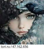 The face of a young girl with expressive turquoise-green eyes, peering through a ragged, almost textured break in a dark background. Her lips are slightly parted, and her skin seems flawlessly soft and porcelain, with light freckles. Near her face sits a black crow with a sharp beak and shiny feathers, as if guarding or watching her. The background is textured, with elements of collage and painting, done in dark, cool tones - shades of black, blue and gray, but diluted with small flowers of white and blue shades. The atmosphere of the image is mystical, mysterious and slightly gothic, evoking thoughts of secrets, hidden emotions and the connection of man with nature. Стоковое AI-изображение, AI-художник Анна Кривицкая / Фотобанк Лори