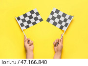 Женские руки с гоночными флагами на цветном фоне. Стоковое фото, фотограф Pixel_shot / Фотобанк Лори