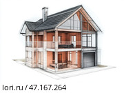 Modern glass-fronted house design merges elegance and comfort in a serene environment. Стоковое AI-изображение, AI-художник Михаил Коханчиков / Фотобанк Лори