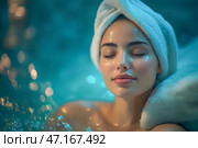 Красивая молодая женщина в СПА-салоне, с гелевой маской на лице. Стоковое AI-изображение, AI-художник Римма Тельнова / Фотобанк Лори