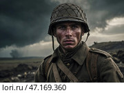 Portrait of a soldier of the 1st World War on the battlefield. Стоковое AI-изображение, AI-художник Александр Поташев / Фотобанк Лори