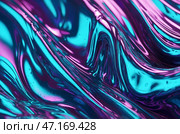 Wavy blue and purple abstract background extreme close-up. 3d renders metallic liquid background. Abstract neon texture. Rainbow 3d holographic foil. Abstract blue and purple illuminated smooth wavy. Стоковое AI-изображение, AI-художник Александр Поташев / Фотобанк Лори