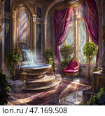 A luxurious interior of a palace room, decorated in a classical style. In the center of the composition is an exquisite fountain with a cascading overflow of water, decorated with gold elements and marble. The room is dominated by deep purple and gold shades, creating an atmosphere of royal luxury. Near the window there is an elegant armchair with carved patterns and velvet upholstery. High windows with heavy draperies let in soft sunlight, illuminating the richly decorated walls, stucco and carpets. Green plants are placed throughout the room, giving the interior liveliness and freshness. Стоковое AI-изображение, AI-художник Анна Кривицкая / Фотобанк Лори